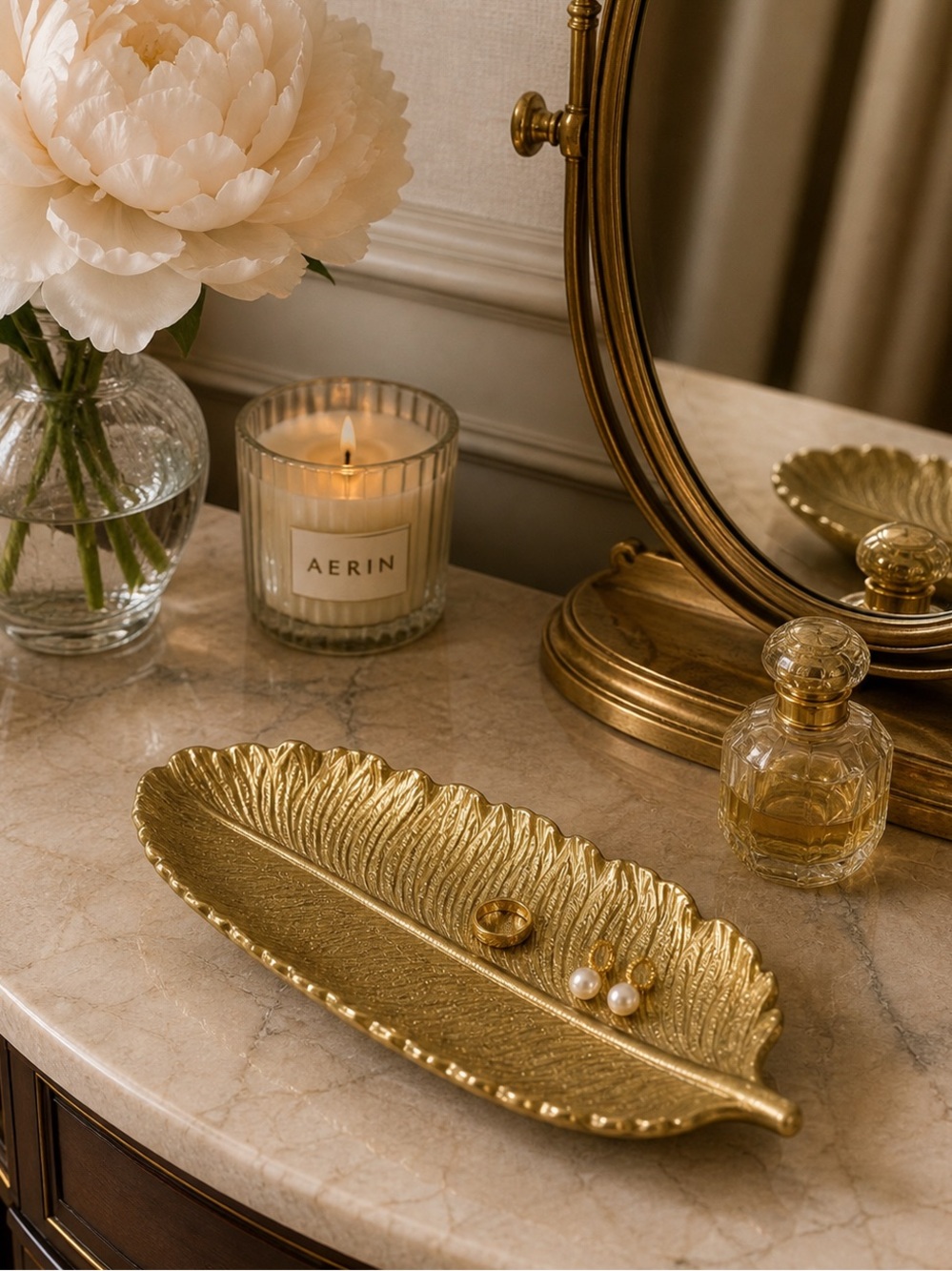 Gold Ceramic Feather Trinket Dish Jewelry Catchall